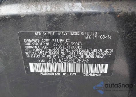 2014 Subaru Impreza 2.0I from USA, damaged, VIN JF1GJAA65EH026256